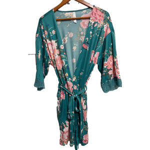 Anthropologie Flora Nikrooz Teal and Floral Lace Robe M